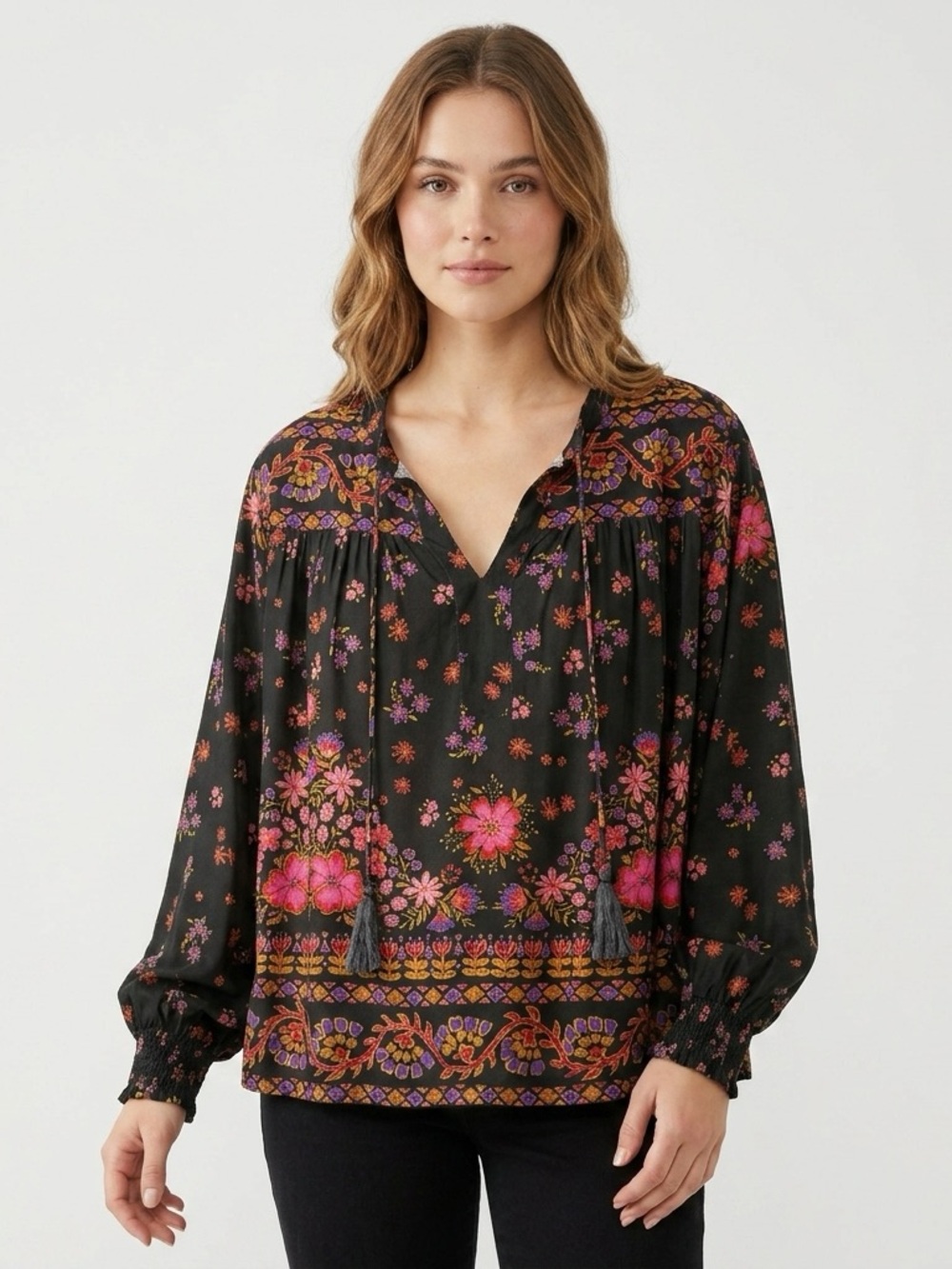 Natural Life XXL Maribel Boho Peasant Top Black Floral Mushroom Tassel Blouse